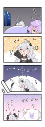 Rule 34 | 0 0, 2girls, 4koma, antenna hair, arms up, arrow (symbol), black bow, black jacket, blush, bow, braid, breasts, broken cup, brown dress, character name, chibi, closed eyes, comic, commentary request, crossed bandaids, cup, desk lamp, dress, glue, hair between eyes, hair bow, hair ornament, highres, holding, holding cup, indoors, jacket, kizuna akari, lamp, large breasts, long hair, long sleeves, low twintails, milkpanda, multiple girls, night, night sky, open mouth, profile, puffy long sleeves, puffy sleeves, purple hair, silver hair, sky, sleeping, sleeves past wrists, star (symbol), sweat, translation request, twin braids, twintails, under covers, v-shaped eyebrows, vocaloid, voiceroid, window, yuzuki yukari, zzz