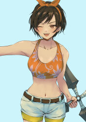 Rule 34 | 1girl, absurdres, belt, black hair, bow, brown eyes, crop top, final fantasy, final fantasy vii, final fantasy vii rebirth, final fantasy vii remake, floral print, hair bow, highres, holding, holding shuriken, holding weapon, looking to the side, navel, official alternate costume, open mouth, pulupulupoodle, short shorts, shorts, shuriken, solo, stomach, weapon, yuffie kisaragi, yuffie kisaragi (summer orange)