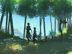 Rule 34 | 2boys, arms behind back, bamboo, bamboo forest, bush, fence, forest, genshin impact, grass, highres, landscape, long grass, multiple boys, nature, outdoors, path, road, rock, walking, wooden fence, xiao (genshin impact), zhongli (genshin impact), zuu (kyuudo9)