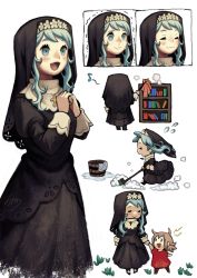 Rule 34 | 1girl, :3, bad id, bad tumblr id, blue eyes, blue hair, bucket, character sheet, child, cleaning, cross, cross necklace, dusting, closed eyes, habit, htm (gixig), jewelry, musical note, necklace, nun, open mouth, original, profile, spoken musical note