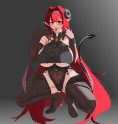 Rule 34 | 1girl, absurdres, akabane (7558), azur lane, bare shoulders, black skirt, breasts, brown gloves, brown pantyhose, center frills, clothing cutout, covered navel, cross-laced clothes, cross-laced top, demon girl, demon horns, demon tail, demon wings, elbow gloves, frills, full body, gloves, gradient background, grey background, heart cutout, highres, hindenburg (azur lane), horns, huge breasts, layered skirt, long hair, pantyhose, pointy ears, red eyes, red hair, scrunchie, see-through clothes, simple background, skirt, sleeveless, solo, squatting, tail, underboob, very long hair, wings, wrist scrunchie