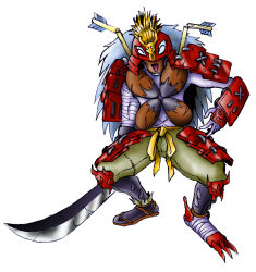 Rule 34 | 1boy, armor, arrow (projectile), damaged, digimon, digimon (creature), digimon xros wars, highres, male focus, mask, ochimusyamon, samurai, solo, sword, weapon