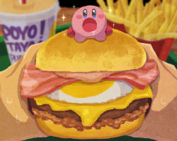 Rule 34 | bacon, blurry, blurry background, burger, cheese, double bun, egg, food, food focus, french fries, hair bun, kirby, kirby (series), meat, miclot, nintendo, on food, open mouth, saliva, saliva trail, soda, sparkle, sparkling eyes, sweat, sweatdrop, tongue