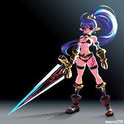 Rule 34 | 1girl, ahoge, backlighting, bikini, boots, breasts, earrings, full body, gloves, holding, holding sword, holding weapon, jewelry, large breasts, long hair, mabius, original, pixel art, pointy ears, ponytail, purple hair, red bikini, red eyes, solo, standing, swimsuit, sword, very long hair, weapon