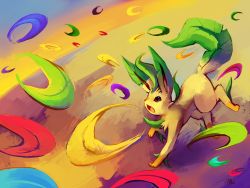 Rule 34 | absurdres, bad deviantart id, bad id, creature, creatures (company), fang, full body, game freak, gen 4 pokemon, glitchedpuppet, highres, leaf, leafeon, magical leaf (pokemon), nintendo, no humans, open mouth, pokemon, pokemon (creature), pokemon move, profile, signature, solo