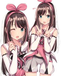 Rule 34 | 1girl, ;d, absurdres, bare shoulders, blue eyes, blush, brown hair, commentary request, detached sleeves, double v, hair between eyes, hair ribbon, hairband, hands up, heart, highres, kizuna ai, kizuna ai inc., long hair, long sleeves, multicolored hair, multiple views, navel, norazura, one eye closed, open mouth, pink hair, pink hairband, pink ribbon, ribbon, sailor collar, shirt, short shorts, shorts, simple background, sleeveless, sleeveless shirt, sleeves past wrists, smile, streaked hair, teeth, upper teeth only, v, very long hair, virtual youtuber, white background, white sailor collar, white shirt, white shorts, white sleeves
