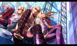 Rule 34 | 3girls, argyle, argyle clothes, argyle legwear, arm up, belt, bespectacled, blonde hair, blouse, blue background, bracelet, braid, capri pants, color connection, contemporary, crossed legs, daisy, dutch angle, earrings, flandre scarlet, flower, fujita (condor), glasses, hair color connection, head tilt, highres, hoop earrings, jewelry, kirisame marisa, knee up, ladder, letterboxed, lips, long hair, looking at viewer, multiple girls, off shoulder, one eye closed, pants, pantyhose, pantyhose under shorts, parted lips, patterned legwear, polka dot, polka dot legwear, purple eyes, reclining, red-framed eyewear, red eyes, shirt, short hair, shorts, side ponytail, sideways glance, single braid, sitting, smile, sneer, stage connection, thighhighs, touhou, wink, yakumo yukari, yellow eyes