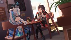Rule 34 | absurdres, ahoge, armor, armored dress, bare shoulders, belly, black dress, black footwear, black gloves, black hair, black thighhighs, blue dress, blue hair, bow, breasts, bright pupils, bronya zaychik, bronya zaychik (herrscher of truth), broseele, building, cafe, chalkboard, city, cleavage, closed mouth, crossed bangs, crossed legs, cup, dessert, dress, drill hair, drink, eating, flower pot, food, gauntlets, gloves, grey eyes, grey hair, hair between eyes, hair bow, hair ornament, halo, high ponytail, highres, holding, honkai (series), honkai impact 3rd, jewelry, long hair, medium breasts, menu, menu board, multicolored hair, multiple girls, plant, ponytail, prosthesis, prosthetic leg, red eyes, red gloves, red hair, seele (alter ego), seele vollerei, seele vollerei (starchasm nyx), sitting, skyscraper, small breasts, smile, spoon, sunlight, table, teacup, thighhighs, tsundere, two-tone hair, vambraces, very long hair, white dress, white thighhighs, window, wooden table