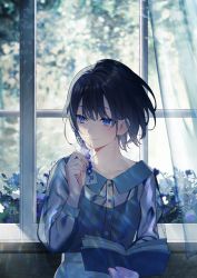 Rule 34 | 1girl, achiki, black hair, blue dress, blue eyes, blue flower, book, bookmark, bush, buttons, closed mouth, collarbone, commentary, dress, floral print, flower, hair between eyes, holding, holding book, indoors, long sleeves, looking away, medium hair, open book, original, see-through, see-through sleeves, smile, solo, symbol-only commentary, upper body, window