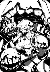 Rule 34 | 10s, 1girl, abyssal ship, breasts, cleavage, covered mouth, deel (rkeg), dress, enemy aircraft (kancolle), greyscale, highres, horns, kantai collection, long hair, looking at viewer, machinery, midway princess, monochrome, solo, turret
