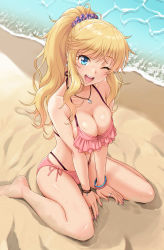 Rule 34 | 1girl, ;d, arm support, bare legs, barefoot, beach, bikini, blonde hair, blue eyes, blush, bracelet, breasts, breasts squeezed together, cleavage, collarbone, day, floral print, frilled bikini, frills, from above, halterneck, heart, heart necklace, high ponytail, highres, idolmaster, idolmaster cinderella girls, jewelry, layered bikini, long hair, looking at viewer, medium breasts, nail polish, necklace, nigou, ohtsuki yui, one eye closed, open mouth, outdoors, pink bikini, ring, sand, scrunchie, side-tie bikini bottom, sidelocks, sitting, skindentation, sleeveless, smile, solo, spread legs, sweat, swimsuit, teeth, upper teeth only, water