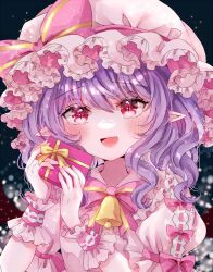 Rule 34 | 1girl, :d, bat wings, bell, blush, bow, bowtie, collared shirt, fang, frilled shirt collar, frills, gift, hat, hat bow, hat ribbon, holding, holding gift, jaku sono, looking at viewer, medium hair, mob cap, neck bell, open mouth, pink bow, pink bowtie, pink hat, pink ribbon, pink shirt, pointy ears, purple hair, red eyes, remilia scarlet, ribbon, shirt, slit pupils, smile, solo, touhou, upper body, wavy hair, wings, wrist cuffs