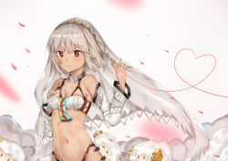 Rule 34 | 1girl, altera (fate), altera the santa (fate), arm up, bad id, bad pixiv id, bare shoulders, black nails, blunt bangs, blush, breasts, choker, cleavage, closed mouth, commentary request, dark-skinned female, dark skin, detached sleeves, fate/grand order, fate (series), fingernails, full-body tattoo, hand on own chest, headdress, heart, heart of string, highres, jewelry, looking at viewer, midriff, nail polish, navel, red eyes, revealing clothes, sheep, silver hair, small breasts, smile, solo, standing, stomach, tattoo, veil, yuuki mix