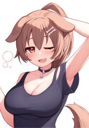 Rule 34 | 1girl, ;d, animal ears, arm up, black choker, black shirt, blush, bone hair ornament, breasts, brown eyes, brown hair, bunching hair, choker, cleavage, deaver, dog ears, dog tail, fang, hair between eyes, hair ornament, highres, holding, holding hair, hololive, inugami korone, inugami korone (loungewear), large breasts, long hair, looking at viewer, one eye closed, open mouth, ponytail, shirt, short sleeves, simple background, skin fang, smile, solo, tail, upper body, virtual youtuber, white background