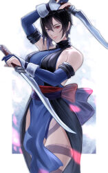 Rule 34 | 1girl, akito1218, arm up, backless kimono, bare shoulders, blue eyes, blue gloves, blue hair, blue kimono, breasts, closed mouth, cowboy shot, detached sleeves, dual wielding, elbow gloves, fingerless gloves, gloves, heterochromia, highres, holding, holding sword, holding weapon, japanese clothes, kimono, large breasts, leg tattoo, looking at viewer, ninja, obi, partially fingerless gloves, red eyes, reverse grip, samurai spirits, sash, shiki (samurai spirits), short hair, short sword, smile, solo, sword, tantou, tattoo, weapon