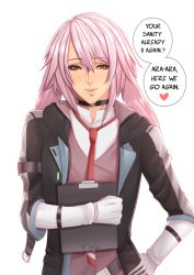 Rule 34 | 1boy, ansel (arknights), ara ara, arknights, choker, english text, highres, holding, jacket, long hair, male focus, necktie, pink hair, red eyes, simple background, speech bubble, trap, white background, wotengu