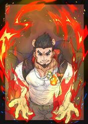 Rule 34 | 1boy, absurdres, alca (wakatanka4), animal ears, bara, beard, black hair, dogephalus, facial hair, fire, flame print, from above, glint, grin, gyee, highres, incoming attack, lion boy, lion ears, lion necklace, looking at viewer, male focus, mature male, muscular, muscular male, mustache stubble, original, outstretched arms, pectoral cleavage, pectorals, pyrokinesis, shirt, short hair, smile, solo, sparse chest hair, stubble, thick eyebrows, torn clothes, torn shirt, v-shaped eyebrows