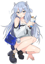 Rule 34 | 1girl, absurdres, bag, black footwear, blue eyes, blush, boots, collarbone, dated, drink, drinking straw, hair between eyes, headgear, high heel boots, high heels, highres, holding, holding drink, i-203 (kancolle), kantai collection, long hair, long sleeves, one-hour drawing challenge, open mouth, shoulder bag, solo, toriniku senshi chikinman, twitter username, white hair