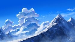 Rule 34 | absurdres, aki (aki k6), bird wings, blue sky, cloud, commentary request, cumulonimbus cloud, day, highres, landscape, mountain, nature, no humans, original, outdoors, scenery, signature, sky, snow, wings
