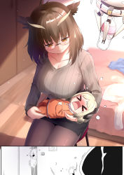 Rule 34 | &gt; &lt;, 3girls, arknights, baby, baby bottle, black skirt, blonde hair, blush, bottle, breasts, brown eyes, brown hair, brown legwear, chinese commentary, cleavage, collarbone, commentary request, fang, flying teardrops, glasses, grey sweater, hair between eyes, highres, holding, holding baby, horns, ifrit (arknights), indoors, large breasts, long sleeves, miniskirt, multiple girls, nose blush, open mouth, orange shirt, pantyhose, pencil skirt, pointy hair, ribbed sweater, saria (arknights), shirt, short hair, silence (arknights), skirt, smile, subaru (794829485), sweater