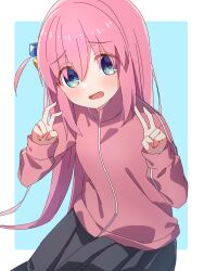 Rule 34 | 1girl, absurdres, bent v, black skirt, blue eyes, blush, bocchi the rock!, border, commentary, cowboy shot, cube hair ornament, double v, gotoh hitori, hair between eyes, hair ornament, hands up, highres, jacket, blue background, long hair, long sleeves, looking at viewer, one side up, open mouth, outside border, pink hair, pink jacket, pleated skirt, ruru (rurumagi), sidelocks, simple background, skirt, solo, standing, tareme, track jacket, v, white border