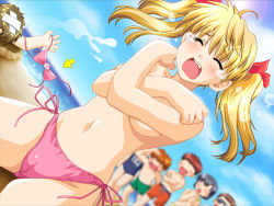 Rule 34 | 00s, 3girls, 4boys, akabei soft, alpha (yukai na nakamatachi), arrow (symbol), assisted exposure, bandages, beach, bikini, blonde hair, blurry, blush, breast hold, breasts, cameltoe, closed eyes, clothes theft, covering breasts, covering privates, crossed arms, day, depth of field, dutch angle, embarrassed, game cg, green male swimwear, green swim trunks, humiliation, large breasts, male swimwear, multiple boys, multiple girls, navel, ocean, one-piece swimsuit, open mouth, orange male swimwear, orange swim trunks, outdoors, sawachika eri, school rumble, school swimsuit, school x school, side-tie bikini bottom, sitting, standing, sunlight, sweatdrop, swim trunks, swimsuit, tears, theft, topless, twintails, underboob
