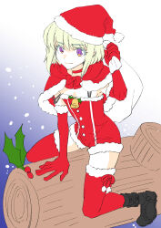 Rule 34 | 1boy, alternate costume, black footwear, blonde hair, boots, bow, capelet, choker, christmas, colored eyelashes, elbow gloves, fur-trimmed capelet, fur trim, gloves, gradient background, handbell, hat, holding, holding sack, holly, kisekisaki, lio fotia, log, looking at viewer, male focus, promare, purple eyes, red bow, red capelet, red choker, red gloves, red thighhighs, sack, santa costume, santa hat, short hair, shorts, smile, snow, solo, thighhighs, trap