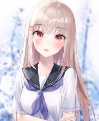 Rule 34 | 1girl, bad id, bad pixiv id, black sailor collar, blurry, blurry background, blush, breasts, brown hair, closed mouth, collarbone, commentary, depth of field, hair ornament, hairclip, highres, ien 4, long hair, looking at viewer, neckerchief, original, purple neckerchief, red eyes, sailor collar, shirt, short sleeves, small breasts, smile, solo, symbol-only commentary, twitter username, upper body, white shirt, x hair ornament