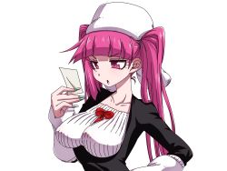 Rule 34 | 1girl, bleach, breasts, dokugamine riruka, dress, hanya (hanya yashiki), hat, highres, large breasts, long hair, looking to the side, nail polish, open mouth, pink eyes, pink hair, reading, shiny skin, simple background, tongue, tongue out, tsundere, twintails, upper body, white background