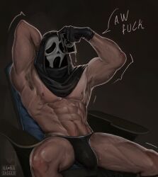 Rule 34 | 1boy, abs, arm behind back, armpit hair, armpits, arms up, artist logo, black gloves, black male underwear, bulge, camera, chair, colored skin, cowboy shot, dark background, english text, ghostface, gloves, highres, holding, holding camera, male focus, male underwear, mask, mask on head, nanadagger, nipples, office chair, pectorals, pubic hair, scream (movie), simple background, sitting, solo, swivel chair, thighs, toned, toned male, topless male, underwear, water, white skin