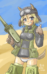Rule 34 | 1girl, animal ears, blonde hair, blue eyes, blush, cowboy shot, desert, ears through headwear, gloves, goggles, goggles on head, grin, gun, helmet, higezamurai (kurage gunsou), looking at viewer, marilyn (strike witches), marilyn (world witches series), pouch, short hair, signature, sketch, smile, solo, strike witches, striker unit, tail, thumbs up, twitter username, weapon, world witches series