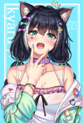 Rule 34 | !, 1girl, animal ear fluff, animal ears, aqua bow, bare shoulders, black hair, blue background, blush, bow, braid, breasts, camisole, cat ears, cat girl, cenangam, character name, cleavage, collar, collarbone, cunnilingus gesture, facial tattoo, green eyes, hair between eyes, hair bow, hair ornament, hairclip, hand up, heart, highres, jacket, karyl (princess connect!), long hair, looking at viewer, low twin braids, low twintails, medium breasts, multicolored hair, multicolored nails, nail polish, off shoulder, open mouth, pink bow, pink collar, princess connect!, solo, spoken exclamation mark, star (symbol), streaked hair, tattoo, twin braids, twintails, two-tone hair, upper body, white hair