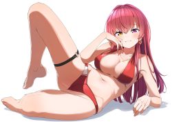 Rule 34 | 1girl, absurdres, bad id, bad twitter id, bare shoulders, bikini, blush, breasts, cleavage, closed mouth, collarbone, earrings, heart, heart earrings, heart necklace, heterochromia, highres, hololive, houshou marine, houshou marine (summer), jewelry, large breasts, long hair, looking at viewer, lying, navel, necklace, o-ring, o-ring thigh strap, on side, purple eyes, red bikini, red hair, shinomu (cinomoon), simple background, smile, solo, swimsuit, thigh strap, thighs, virtual youtuber, white background, yellow eyes