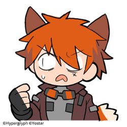 Rule 34 | 1boy, animal ears, arknights, chiave (arknights), fingerless gloves, fox boy, fox ears, fox tail, gloves, goggles, hair over one eye, jacket, line (naver), lowres, male focus, official art, open mouth, pointing, pointing at self, red hair, short hair, sweat, tail