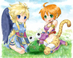 Rule 34 | 2girls, angel wings, animal ears, black dress, black wings, blonde hair, blue eyes, blush, boots, bracer, breasts, breath of fire, breath of fire ii, bridal gauntlets, bustier, capcom, cat ears, cat tail, dress, facial mark, full body, furry, furry female, gloves, green eyes, knee boots, large breasts, large wings, legs, long hair, long legs, multiple girls, nina (breath of fire ii), no panties, orange hair, pointy ears, rinpoo chuan, setogawatakumi, short hair, side slit, sidelocks, tail, thighs, white background, wings