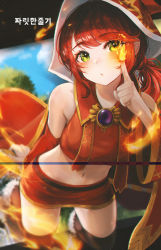 Rule 34 | 1girl, absurdres, armpit crease, bare shoulders, bbeedol, black thighhighs, blurry, breasts, brooch, cloak, closed mouth, crop top, detached sleeves, fire, gold trim, green eyes, highres, hood, hooded cloak, huge filesize, index finger raised, jewelry, leaning forward, long hair, long sleeves, looking at viewer, maplestory, medium breasts, midriff, miniskirt, navel, oz (maplestory), puckered lips, red hair, red shirt, red skirt, revealing clothes, shirt, skirt, sleeveless, sleeveless shirt, solo, stomach, thighhighs, thighs, wide sleeves, zettai ryouiki