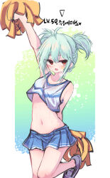Rule 34 | 1girl, absurdres, bare arms, bare shoulders, cheering, cheerleader, green hair, highres, kimhiro, korean text, looking at viewer, medium hair, original, pom pom (cheerleading), red eyes, solo, thighs, twintails, white background