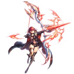 Rule 34 | 1girl, armpits, arrow (projectile), boots, bow (weapon), breasts, cape, closed mouth, feet, full body, highres, holding, holding weapon, legs, looking at viewer, magic, medium breasts, medium hair, navel, red eyes, red hair, serious, solo, standing, thigh boots, thighhighs, thighs, transparent background, unitia, weapon
