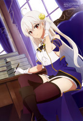 Rule 34 | 1girl, absurdres, ahoge, black skirt, black thighhighs, blue shirt, book, book stack, boots, chair, closed mouth, crossed bangs, crossed legs, curtains, gloves, hair bobbles, hair ornament, highres, holding, holding pen, light brown hair, long hair, looking at viewer, megami magazine, ninym ralei, official art, pen, red eyes, scan, shirt, sitting, skirt, smile, solo, table, tensai ouji no akaji kokka saiseijutsu, thighhighs, thighs, two-tone shirt, white gloves, white shirt, window