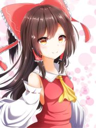 Rule 34 | 1girl, ascot, bare shoulders, black hair, blush, bow, breasts, detached sleeves, frilled shirt collar, frills, from side, hair bow, hair tubes, hakurei reimu, highres, japanese clothes, long hair, long sleeves, looking at viewer, looking to the side, miko, orange eyes, red bow, red shirt, red skirt, renka (cloudsaikou), shirt, sideboob, sidelocks, skirt, skirt set, sleeveless, sleeveless shirt, small breasts, smile, solo, touhou, upper body, wide sleeves