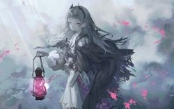 Rule 34 | 1girl, arknights, black cape, black gloves, blunt bangs, cape, dress, earrings, expressionless, feet out of frame, gloves, grey eyes, grey hair, highres, holding, holding lantern, irene (arknights), jewelry, lantern, long hair, long sleeves, looking at viewer, sheath, sheathed, solo, suimin (sui 0y0), sword, torn cape, torn clothes, weapon, white dress