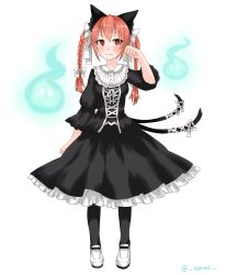 Rule 34 | 1girl, :3, alternate costume, animal ears, artist name, black dress, blue fire, blush, bow, braid, breasts, bright pupils, cat ears, cat tail, closed mouth, cross-laced clothes, dress, egret, fire, frilled shirt collar, frills, full body, gothic lolita, hair bow, hair ribbon, hand up, highres, hitodama, kaenbyou rin, light smile, lolita fashion, long hair, long sleeves, looking at viewer, multiple tails, nekomata, paw pose, petticoat, puffy long sleeves, puffy sleeves, red eyes, red hair, ribbon, simple background, sleeves past elbows, small breasts, solo, standing, tail, tail bow, tail ornament, tail ribbon, touhou, tress ribbon, twin braids, twintails, two tails, white background, white bow, white pupils, white ribbon