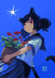 Rule 34 | 1girl, 2022, :3, absurdres, animal ears, artist logo, black hair, black sailor collar, black skirt, blue background, bright pupils, cat ears, cat girl, cat tail, closed mouth, dated, double bun, flower, gerbera, hair bun, highres, holding, holding plant, katakai, looking at viewer, looking to the side, neckerchief, original, plant, pleated skirt, potted plant, red eyes, red flower, red neckerchief, sailor collar, school uniform, serafuku, short hair, short sleeves, simple background, skirt, smile, solo, standing, sun, tail, tail raised, white pupils, white serafuku