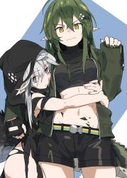 Rule 34 | 2girls, absurdres, arknights, arm around shoulder, bare arms, bare shoulders, belt, black shorts, blue background, breasts, brown eyes, closed mouth, cowboy shot, crocodilian tail, crop top, drawdrawdeimos, fang, fang out, gavial (arknights), green hair, green nails, hair between eyes, hand up, highres, hood, hood up, hug, long hair, long sleeves, looking at viewer, material growth, medium breasts, multiple girls, nail polish, navel, official alternate costume, oripathy lesion (arknights), pointy ears, scales, shorts, silver hair, skin fang, sleeves past wrists, slit pupils, smile, stomach, tail, tomimi (arknights), torn clothes, two-tone background, unzipped, v-shaped eyebrows, very long hair, yellow eyes, yuri, zipper pull tab