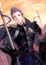 Rule 34 | 1boy, armor, closed mouth, collar, fire emblem, fire emblem fates, green eyes, grey hair, hashiko (neleven), holding, holding polearm, holding weapon, looking at viewer, nintendo, outdoors, polearm, shoulder armor, silas (fire emblem), upper body, weapon