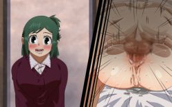 Rule 34 | 1boy, 1girl, anus, bed, bed sheet, blush, boku no hero academia, breasts, censored, clothes, dark green hair, green eyes, green hair, heart, hetero, highres, huge penis, incest, instant loss, looking at viewer, lying, lying on person, mating press, mature female, medium hair, midoriya inko, midoriya izuku, mosaic censoring, mother and son, on bed, on person, open mouth, penis, pussy juice, sex, smile, testicles, vaginal