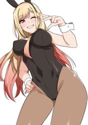 Rule 34 | 1girl, animal ears, black choker, black hairband, black leotard, black pantyhose, blonde hair, breasts, choker, colored tips, commentary request, ear piercing, earrings, fake animal ears, fake nails, from below, grin, gyaru, hairband, hand on own hip, haruhisky, highres, jewelry, kitagawa marin, large breasts, leotard, long hair, looking at viewer, looking down, multicolored hair, nail polish, one eye closed, pantyhose, piercing, pink hair, pink nails, red eyes, ring, smile, solo, sono bisque doll wa koi wo suru, standing, two-tone hair, very long hair, w, wrist cuffs