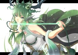 Rule 34 | 1girl, bare shoulders, ceres (p&amp;d), dress, endou (zettai bluenoid), green eyes, green hair, hair ornament, letterboxed, long hair, looking at viewer, matching hair/eyes, puzzle &amp; dragons, shawl, sidelocks, solo, upper body, white dress