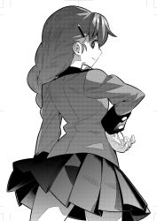 Rule 34 | 10s, 1girl, braid, braided ponytail, camera lens, closed mouth, cowboy shot, epaulettes, from behind, girls und panzer, greyscale, hair ornament, hair over shoulder, hairclip, hand on own hip, highres, inou takashi, jacket, long hair, long sleeves, looking at viewer, looking back, military, military uniform, miniskirt, monochrome, pleated skirt, rukuriri (girls und panzer), single braid, skirt, smirk, solo, st. gloriana&#039;s military uniform, standing, uniform, v-shaped eyebrows
