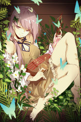 Rule 34 | 1girl, absurdres, bare legs, bare shoulders, barefoot, black ribbon, breasts, brown dress, bug, butterfly, cleavage, cleavage cutout, closed mouth, clothing cutout, detached sleeves, dress, feet, flower, hair flower, hair ornament, highres, insect, instrument, kagari6496, knee up, large breasts, long hair, long sleeves, looking at viewer, music, musical note, nail polish, neck ribbon, plant, playing instrument, purple eyes, purple hair, purple nails, ribbon, sitting, smile, solo, toenail polish, toenails, touhou, tsukumo benben, white flower